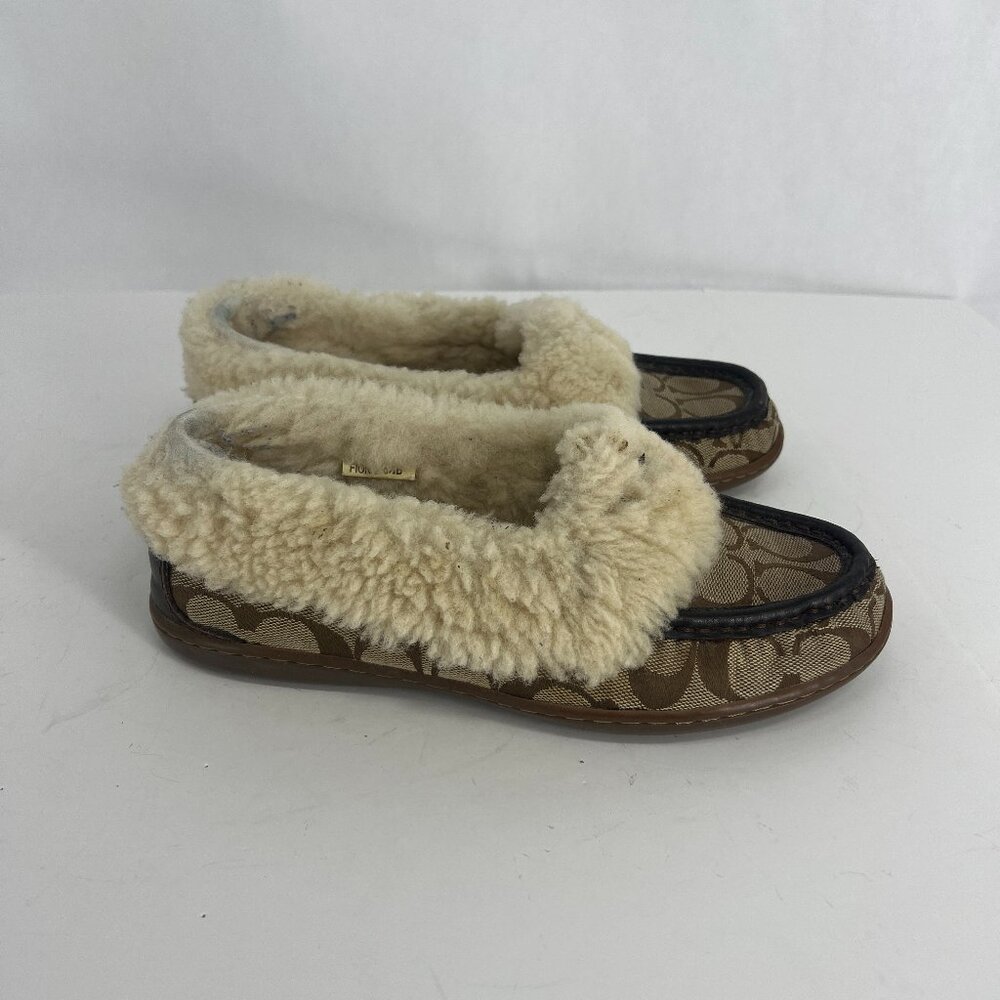Coach Fiona Moccasin Slipper Signature Brown Sheepskin Lined